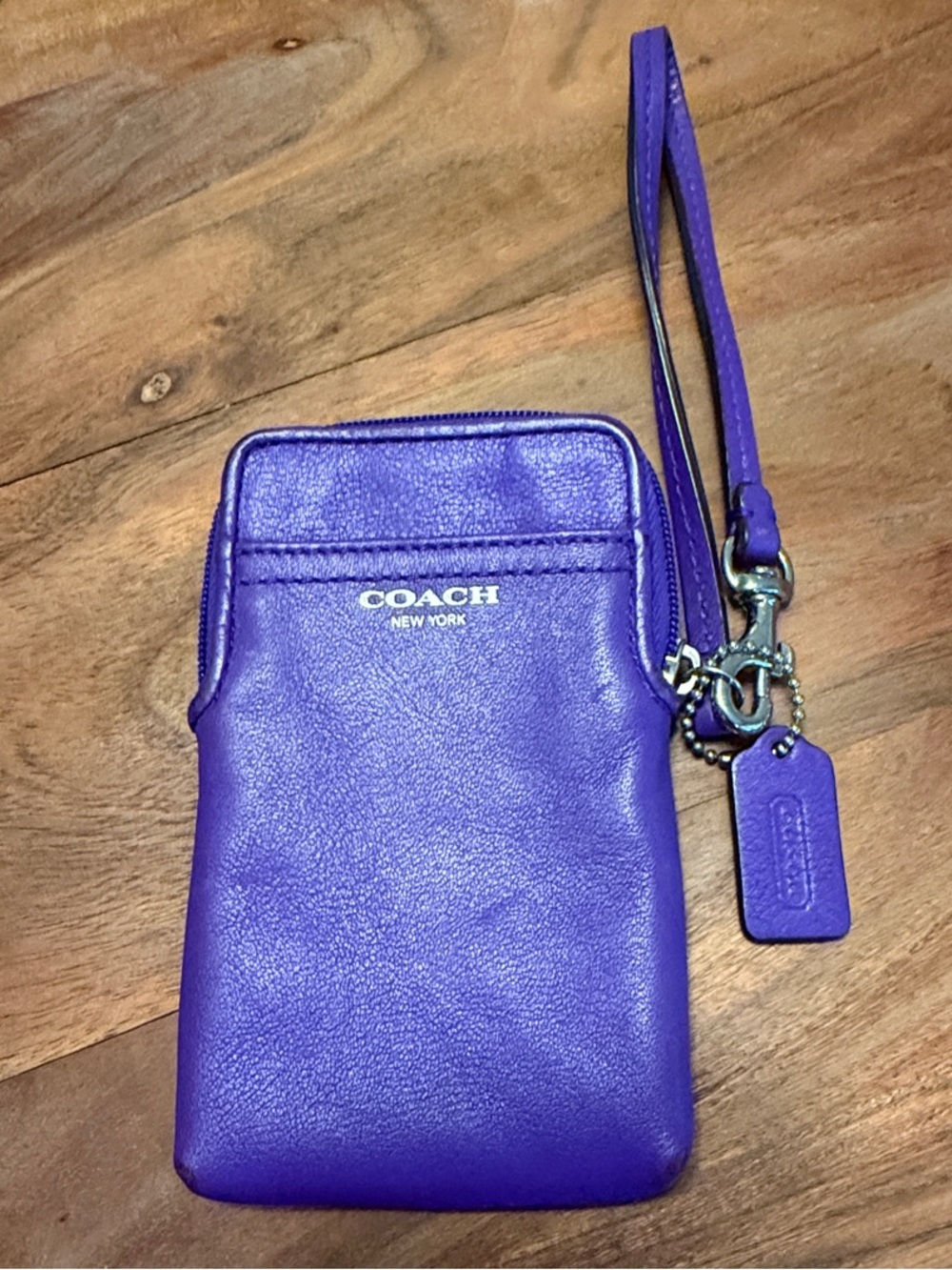 COACH Purple Leather Wristlet Phone Pouch with Strap